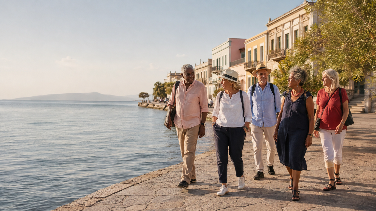 Adults aged 50 and over exploring the waterfront on Aegina