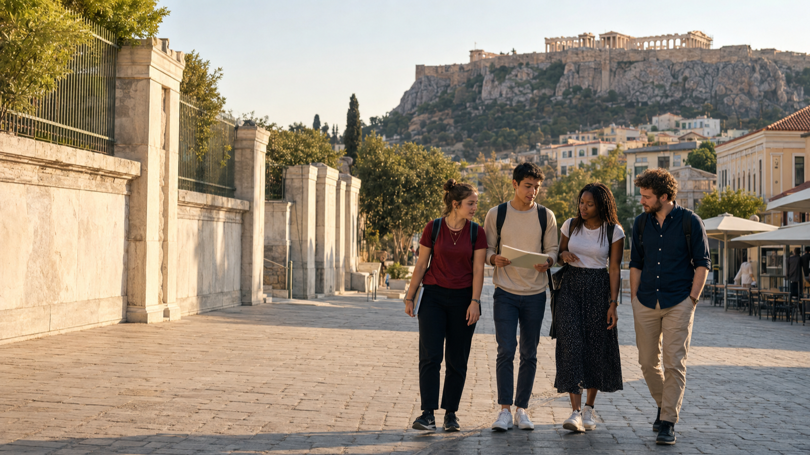 International learners exploring central Athens with the Acropolis in view