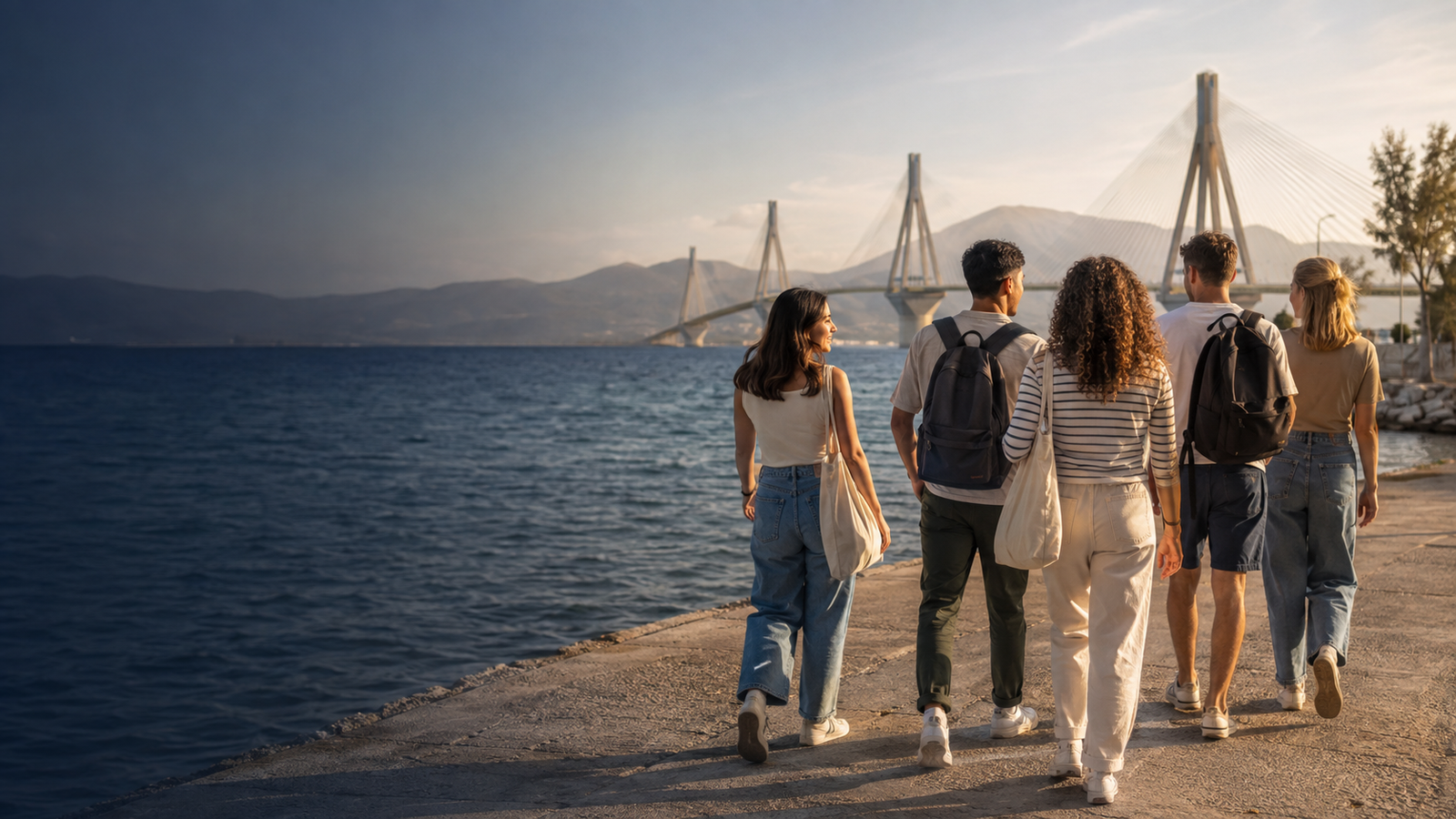 International students by the Gulf of Corinth with the Rio–Antirrio Bridge in view